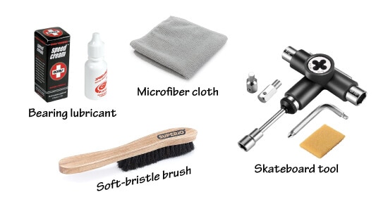Tools and materials needed for skateboard cleaning